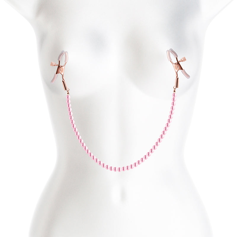 Bound Nipple Clamps - DC1 -  - Gold Nipple Clamps with  Pearl Chain displayed on a mannequin.