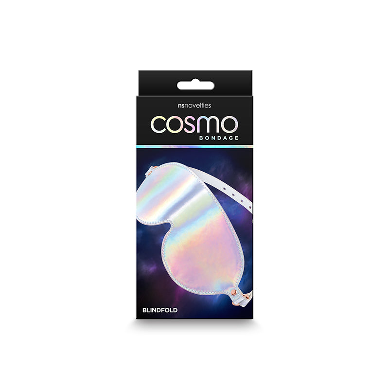 Cosmo Bondage Blindfold - Rainbow - Metallic Rainbow Eye Restraint packaging showcasing holographic design.