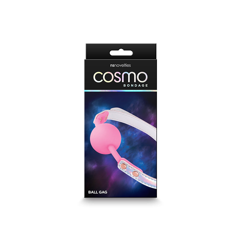 Cosmo Bondage Ball Gag - Rainbow - Metallic Rainbow/Pink Mouth Restraint in packaging with vibrant colors.