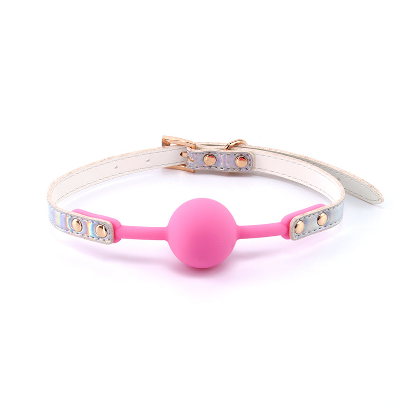 Cosmo Bondage Ball Gag - Rainbow - Metallic Rainbow/Pink Mouth Restraint with rose gold hardware
