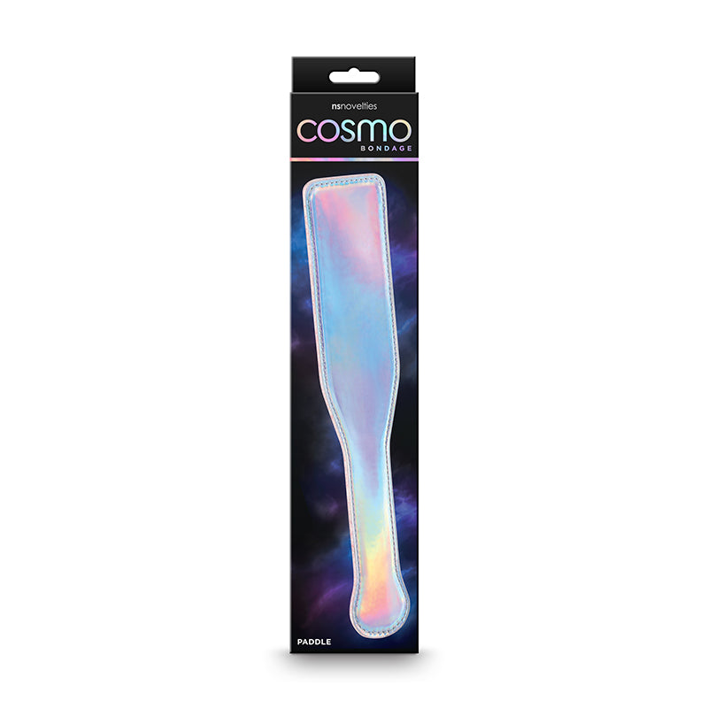 Cosmo Bondage Paddle - Rainbow - Metallic Rainbow Paddle in sleek packaging with holographic finish.