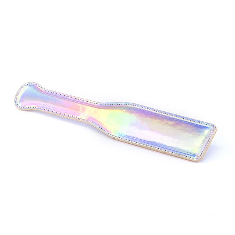 Cosmo Bondage Paddle - Rainbow - Metallic Rainbow Paddle with holographic finish and rose gold hardware.