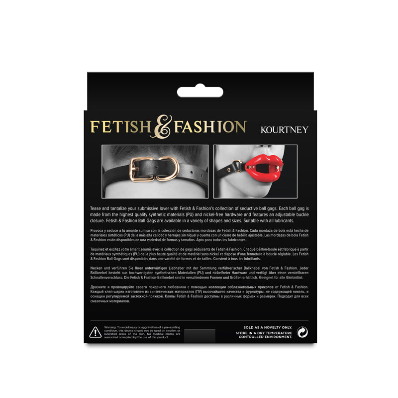 Fetish & Fashion - Kourtney -  Lips Open Mouth Restraint packaging showing adjustable buckle and red ball gag.