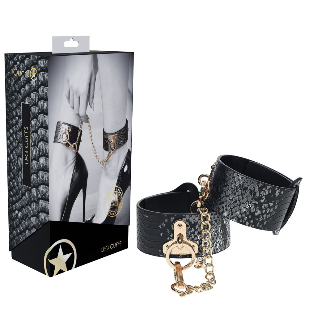 OUCH! Florence Collection - Leg Cuffs - Restraints in stylish box with black snake skin design and gold accents.