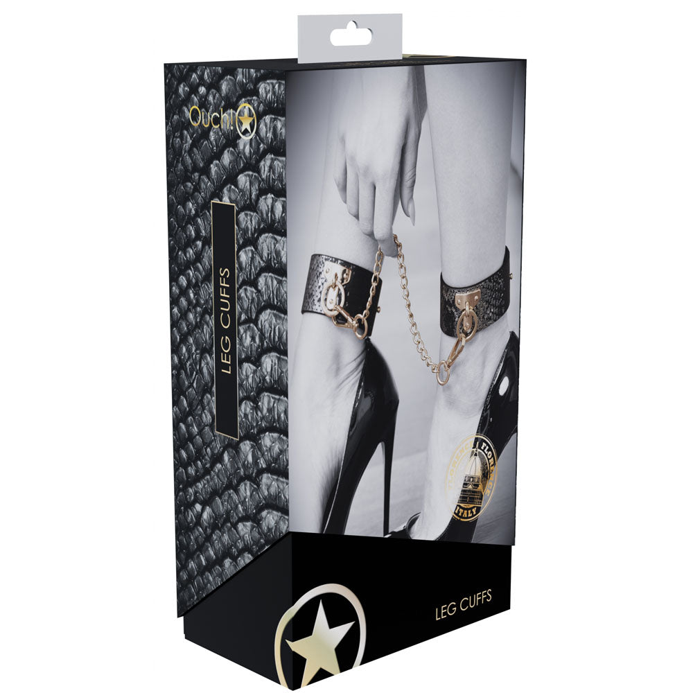 OUCH! Florence Collection - Leg Cuffs - Restraints packaging showcasing stylish leg cuffs with a chain detail.
