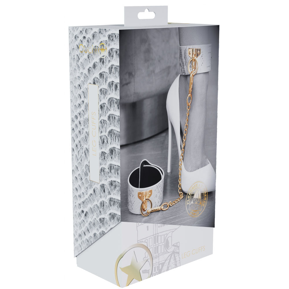 OUCH! Florence Collection - Leg Cuffs - Restraints packaging showcasing style and quality of adjustable leather cuffs.