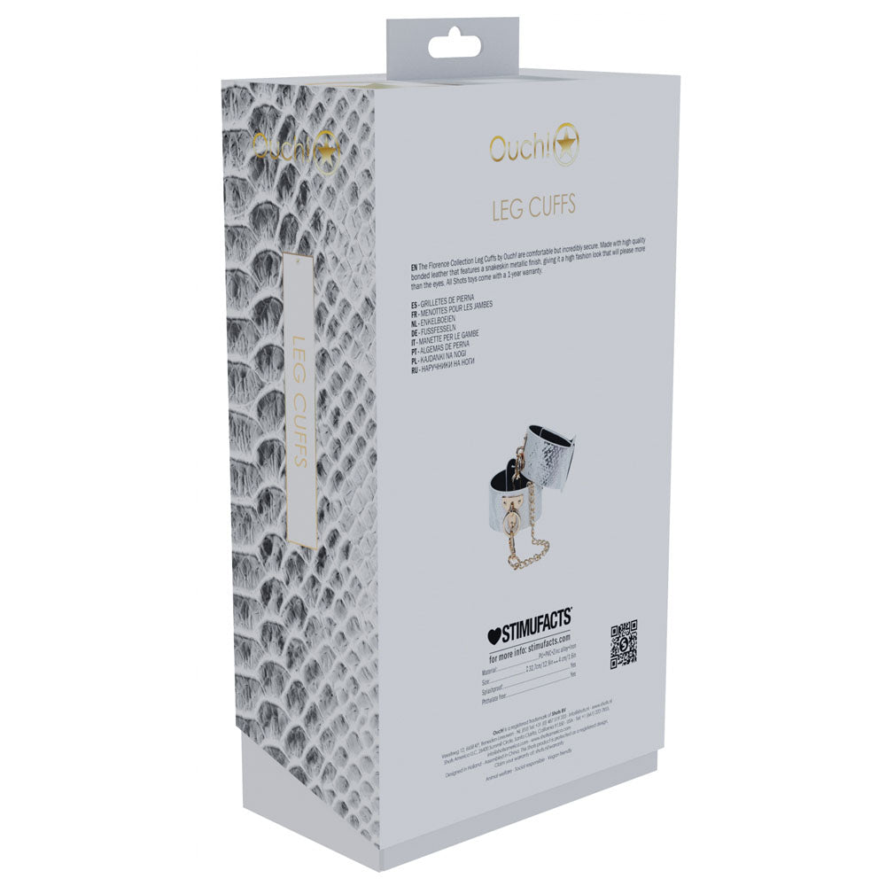 OUCH! Florence Collection - Leg Cuffs - Restraints packaging showing design and features of the adjustable leg cuffs.
