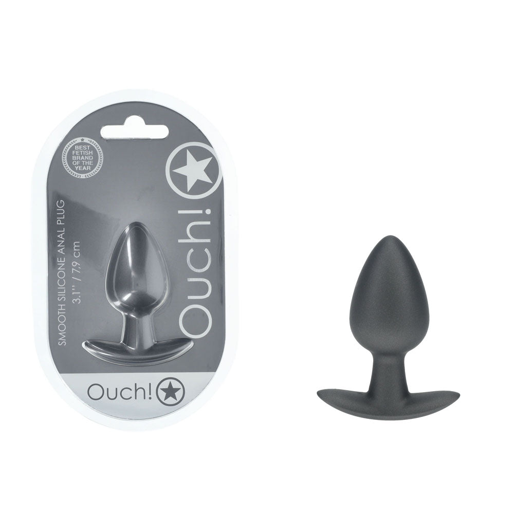OUCH! Anal Plug - Medium - Gun Metal - Gun Metal Grey 7.9 cm Medium Butt Plug in packaging with smooth silicone design.