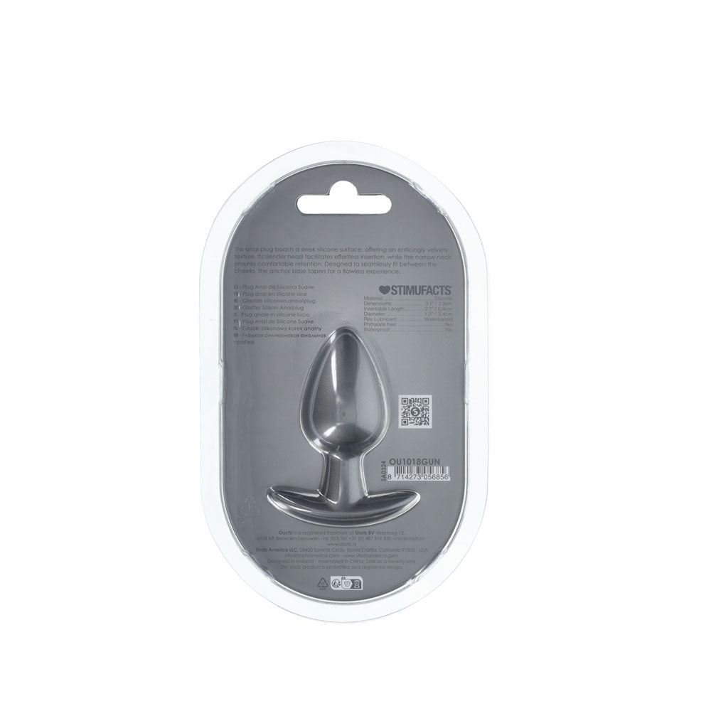 OUCH! Anal Plug - Medium - Gun Metal - Gun Metal Grey 7.9 cm Medium Butt Plug packaging showing its metallic design.
