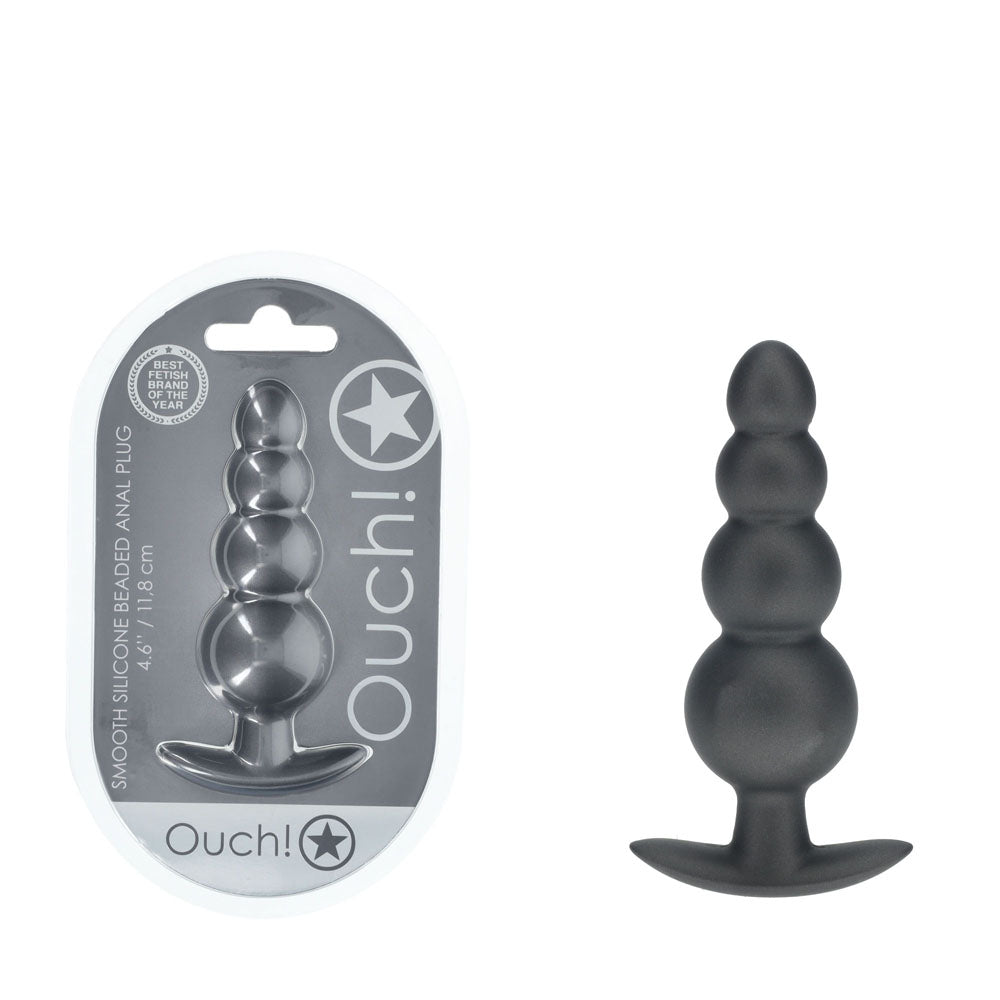 OUCH! Beaded Anal Plug - Gun Metal - Gun Metal Grey 11.7 cm Butt Plug next to packaging on a white background.