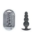 OUCH! Beaded Anal Plug - Gun Metal - Gun Metal Grey 11.7 cm Butt Plug next to packaging on a white background.