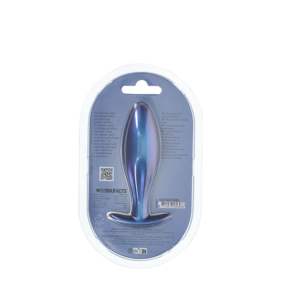 OUCH! Oval Anal Plug - Metallic  - Metallic  11.7 cm Butt Plug in packaging, showcasing sleek design and vibrant colors.