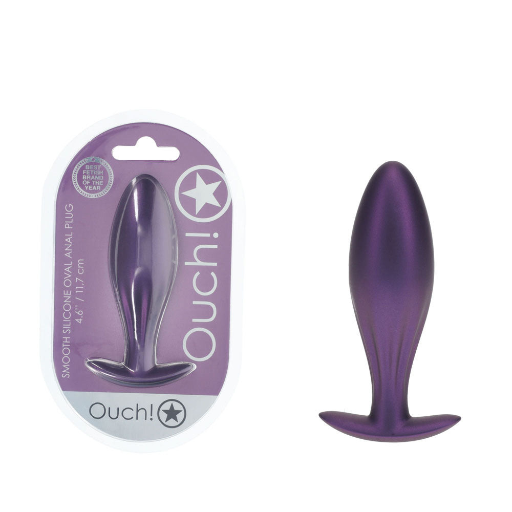 OUCH! Oval Anal Plug - Metallic  - Metallic  11.7 cm Butt Plug displayed with packaging and product.