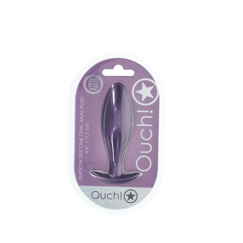OUCH! Oval Anal Plug - Metallic  - Metallic  11.7 cm Butt Plug in packaging, showcasing its smooth silicone design.