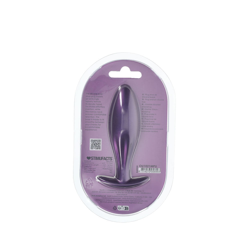 OUCH! Oval Anal Plug - Metallic - Metallic 11.7 cm Butt Plug in packaging, featuring a sleek purple design.