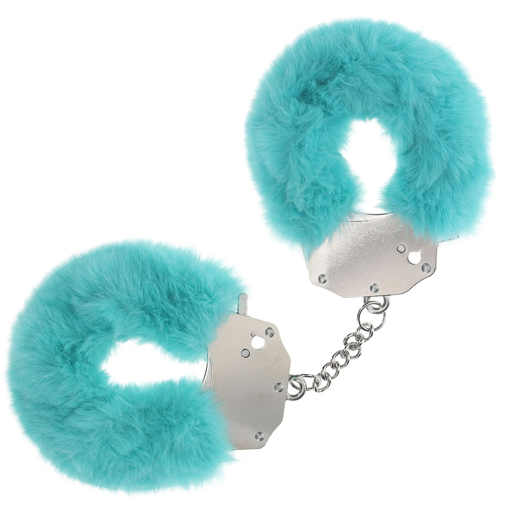 Heavy-duty fluffy handcuffs in teal with secure locking mechanism for safe and playful intimate moments.