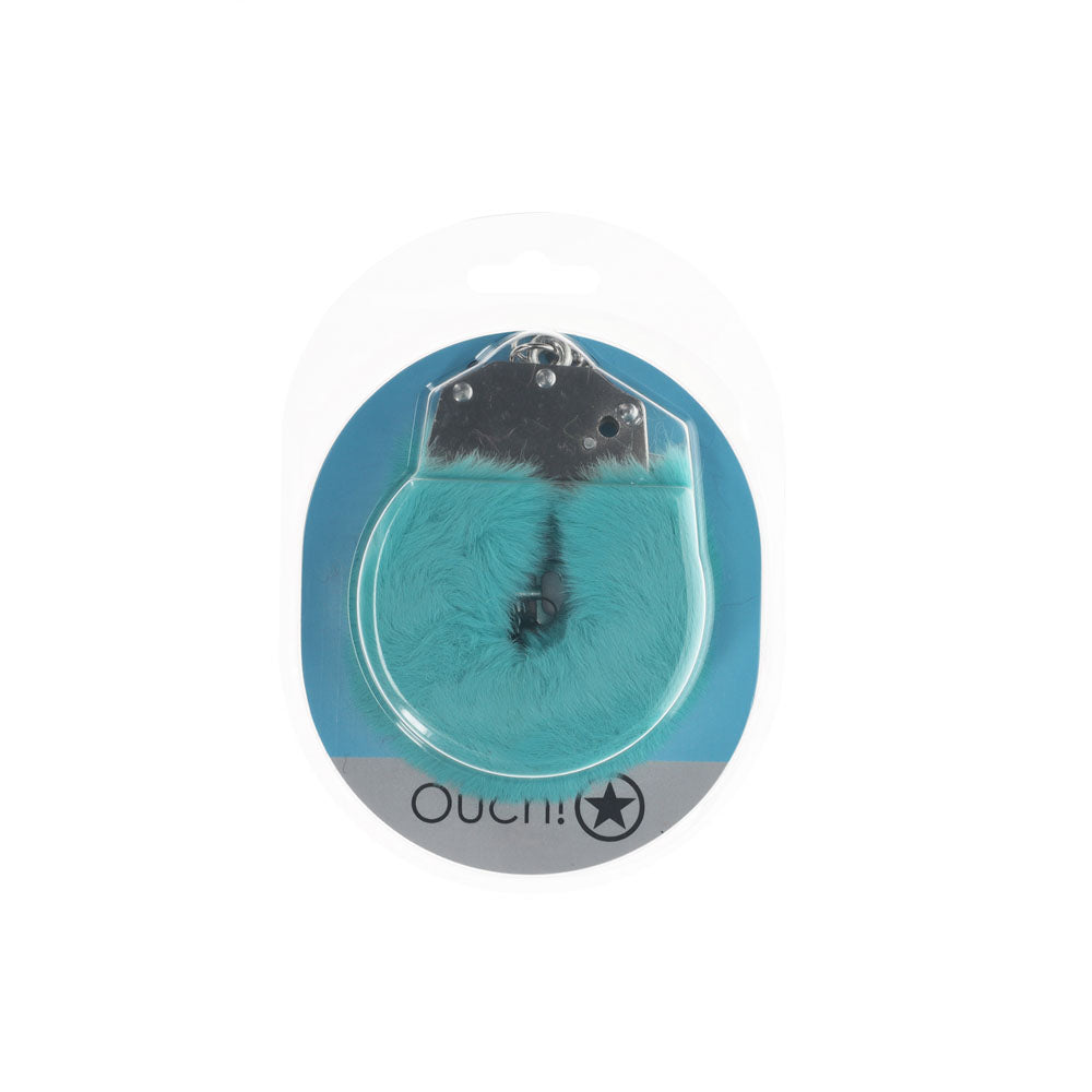 OUCH! Heavy-Duty Fluffy Handcuffs in a clear packaging with teal fluffy material.
