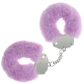 OUCH! Heavy-Duty Fluffy Cuffs in lavender color, featuring soft faux fur and a secure locking mechanism.