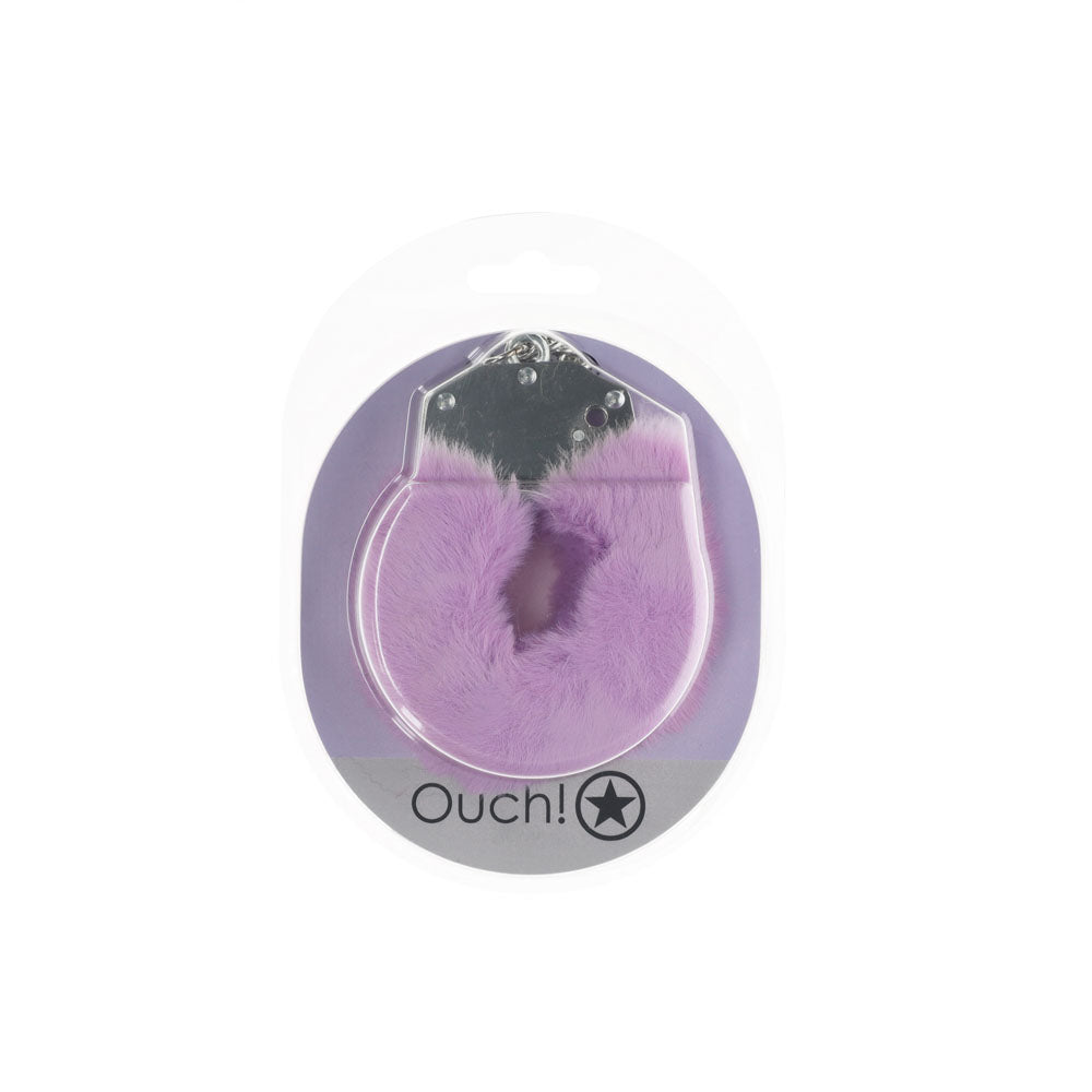 OUCH! Heavy-Duty Fluffy Cuffs in lavender packaging with secure locking mechanism for intimate play.