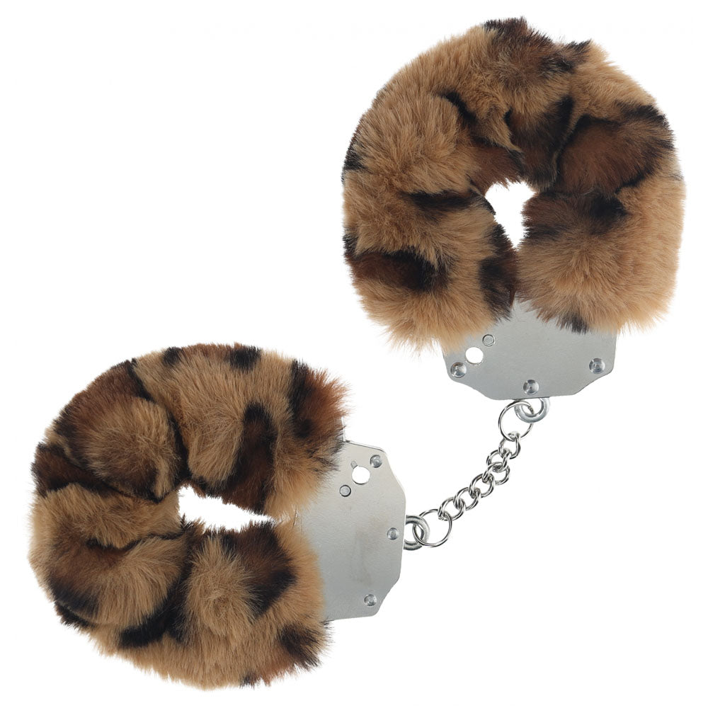 OUCH! Heavy-Duty Fluffy Cuffs - Leopard - Leopard Fluffy Restraints for playful bedroom adventures.