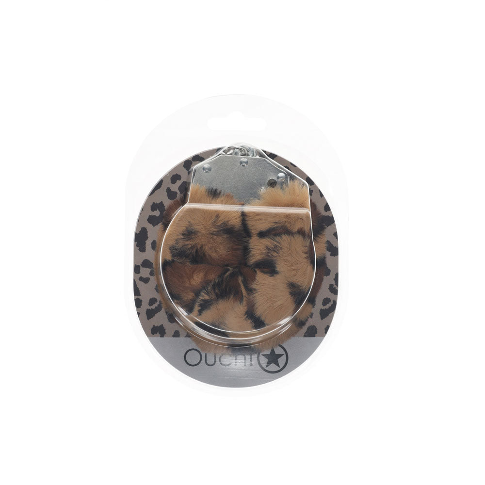OUCH! Heavy-Duty Fluffy Cuffs - Leopard - Leopard Fluffy Restraints in packaging, ideal for intimate adventures.