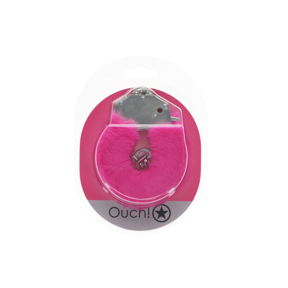 OUCh! Heavy-Duty Fluffy Handcuffs in vibrant pink packaging with secure lock and soft fluff.