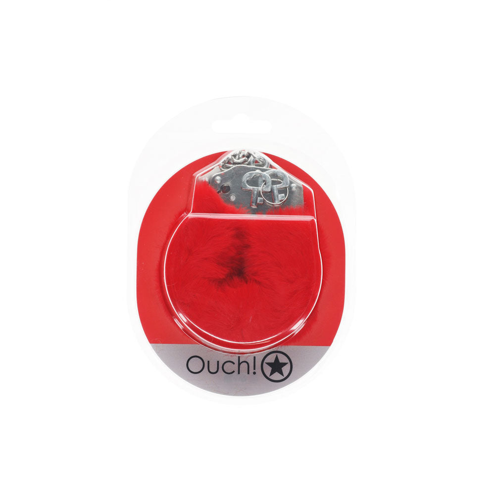 OUCH! Heavy-Duty Fluffy Cuffs -  -  Fluffy Restraints packaging featuring red fluff and metallic details.