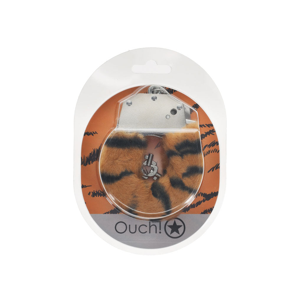 OUCH! Heavy-Duty Fluffy Cuffs - Tiger - Tiger Fluffy Restraints packaged for adult fun and intimate essentials.