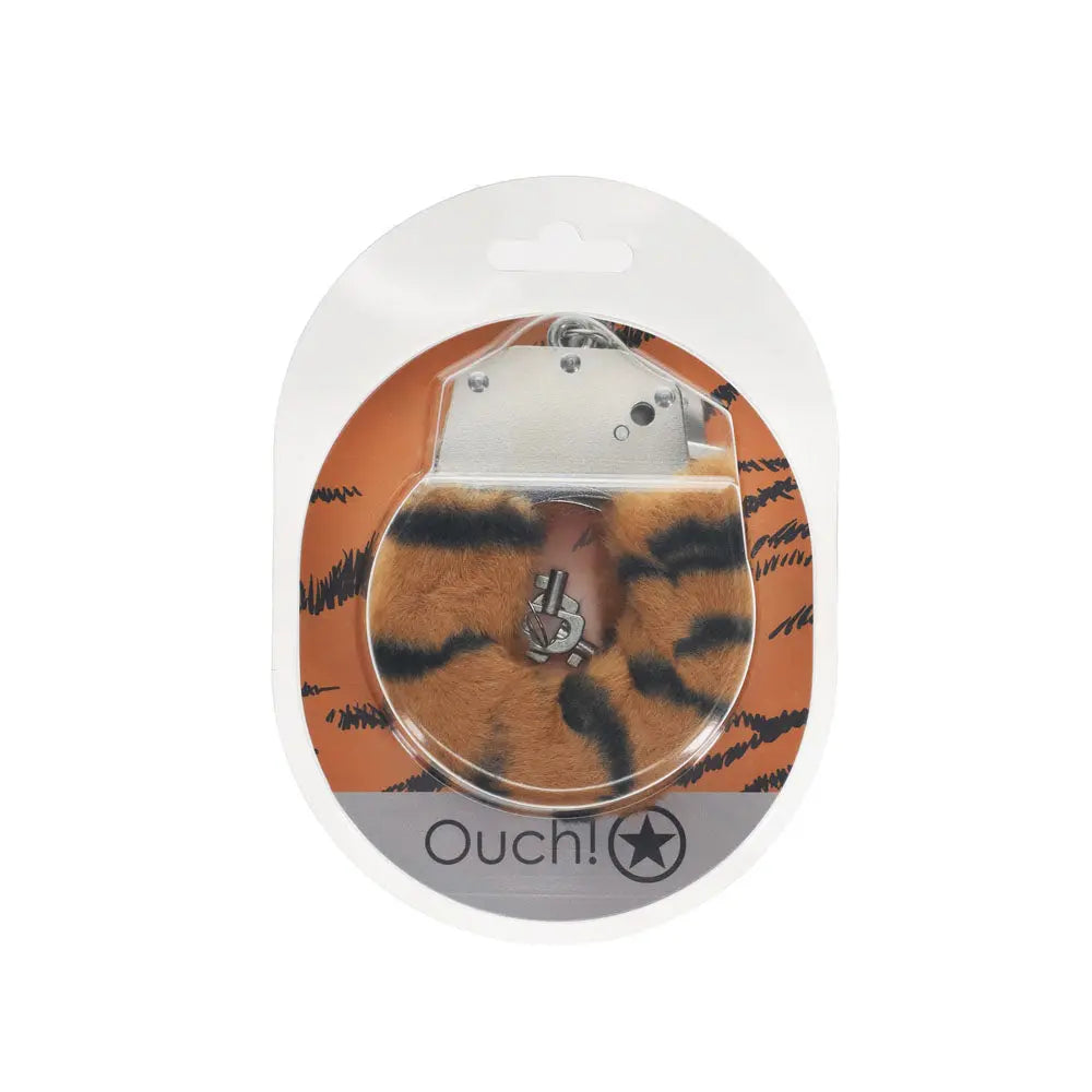 OUCH! Heavy-Duty Fluffy Cuffs - Tiger - Tiger Fluffy Restraints Shots Toys Discreet Intimate Essentials.