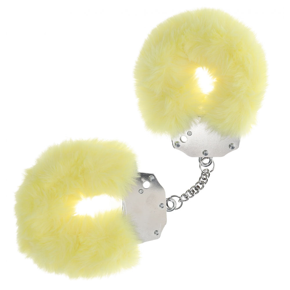 OUCH! Heavy-Duty Fluffy Cuffs -  -  Fluffy Restraints in soft yellow color for intimate adventures.