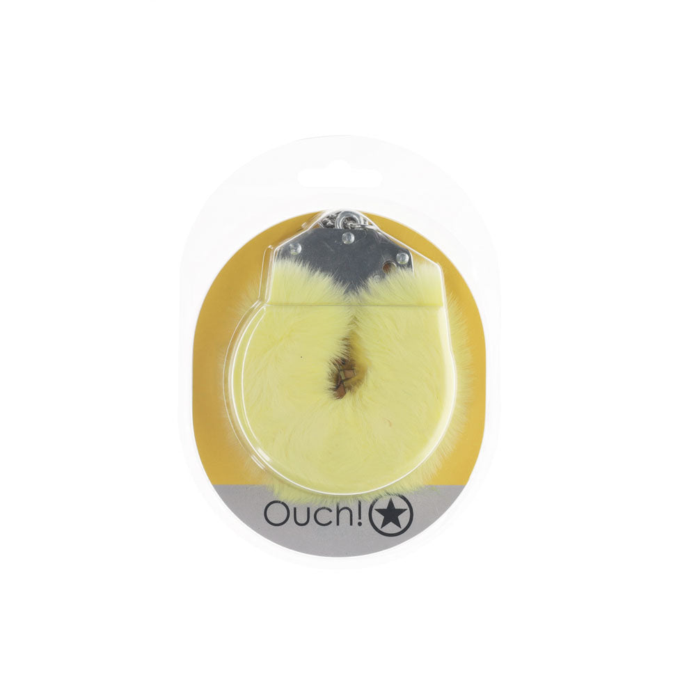OUCH! Heavy-Duty Fluffy Cuffs -  -  Fluffy Restraints in yellow packaging, perfect for intimate essentials.