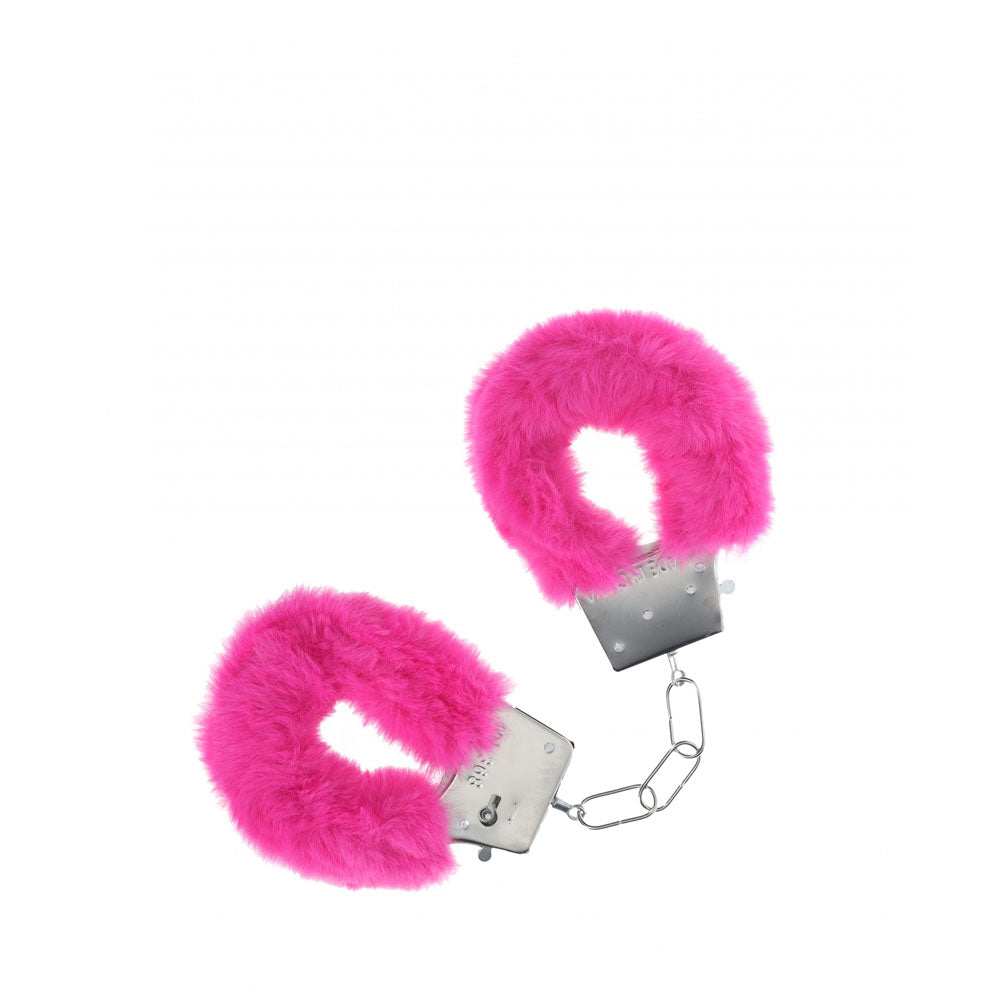 Fluffy handcuffs for intimate play in vibrant pink color with a secure locking mechanism.