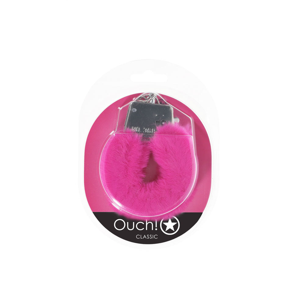 OUCH! Classic Fluffy Cuffs in pink packaging, perfect fluffy handcuffs for intimate play.