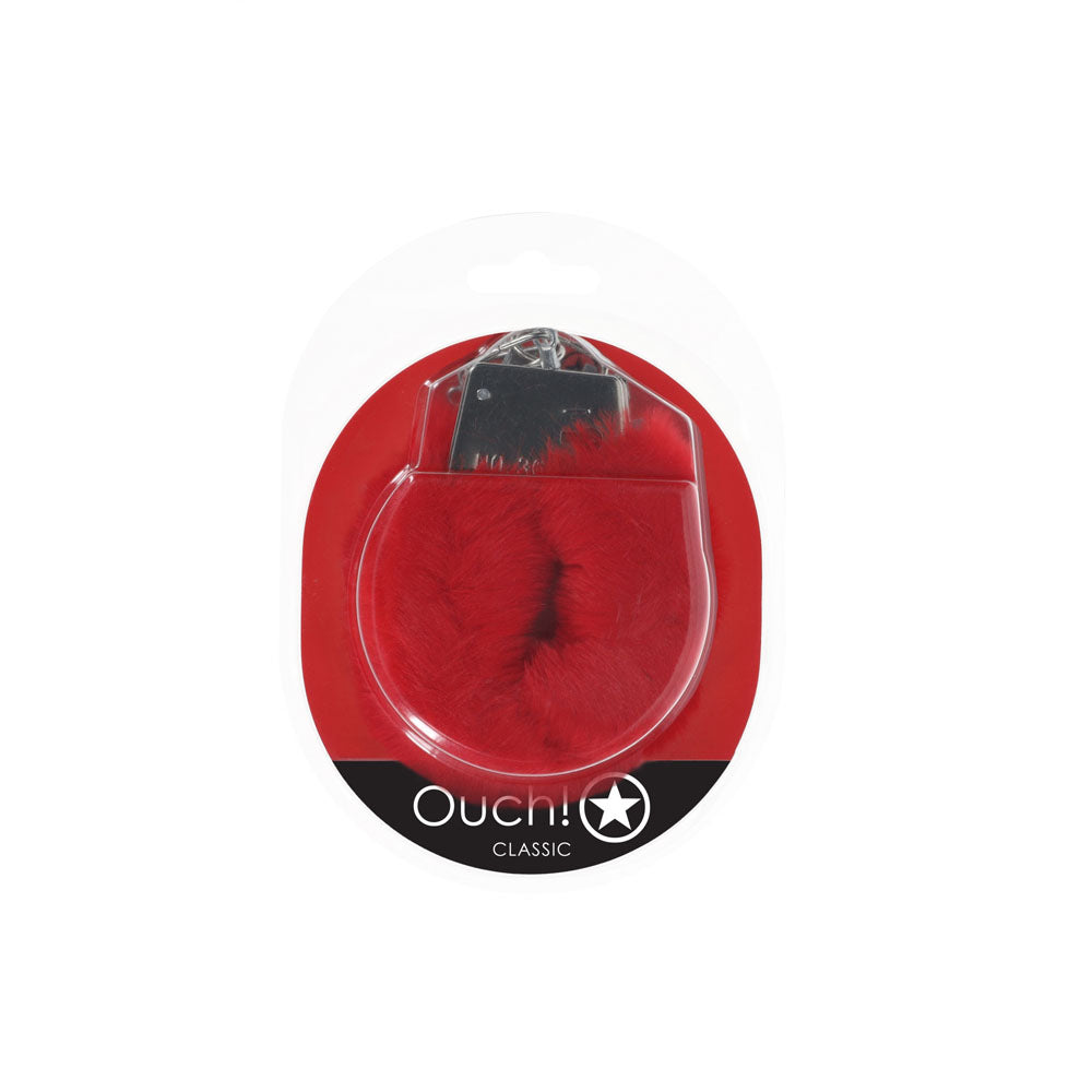 Ouch! Classic Fluffy Cuffs packaging featuring fluffy handcuffs for bedroom fun, perfect for intimate adventures.