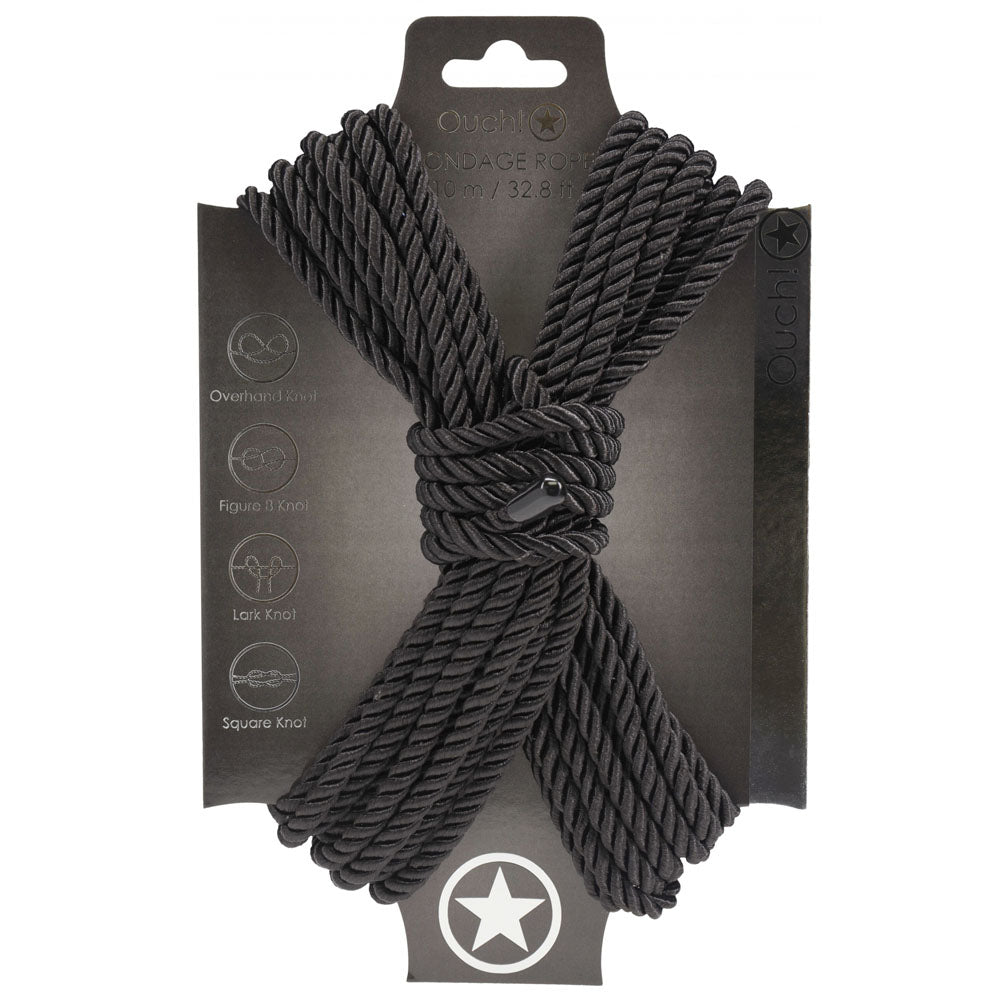 OUCH! Bondage Rope - 10 M -  -  Nylon Bondage Rope - 10 metre Length on display with knots and packaging.
