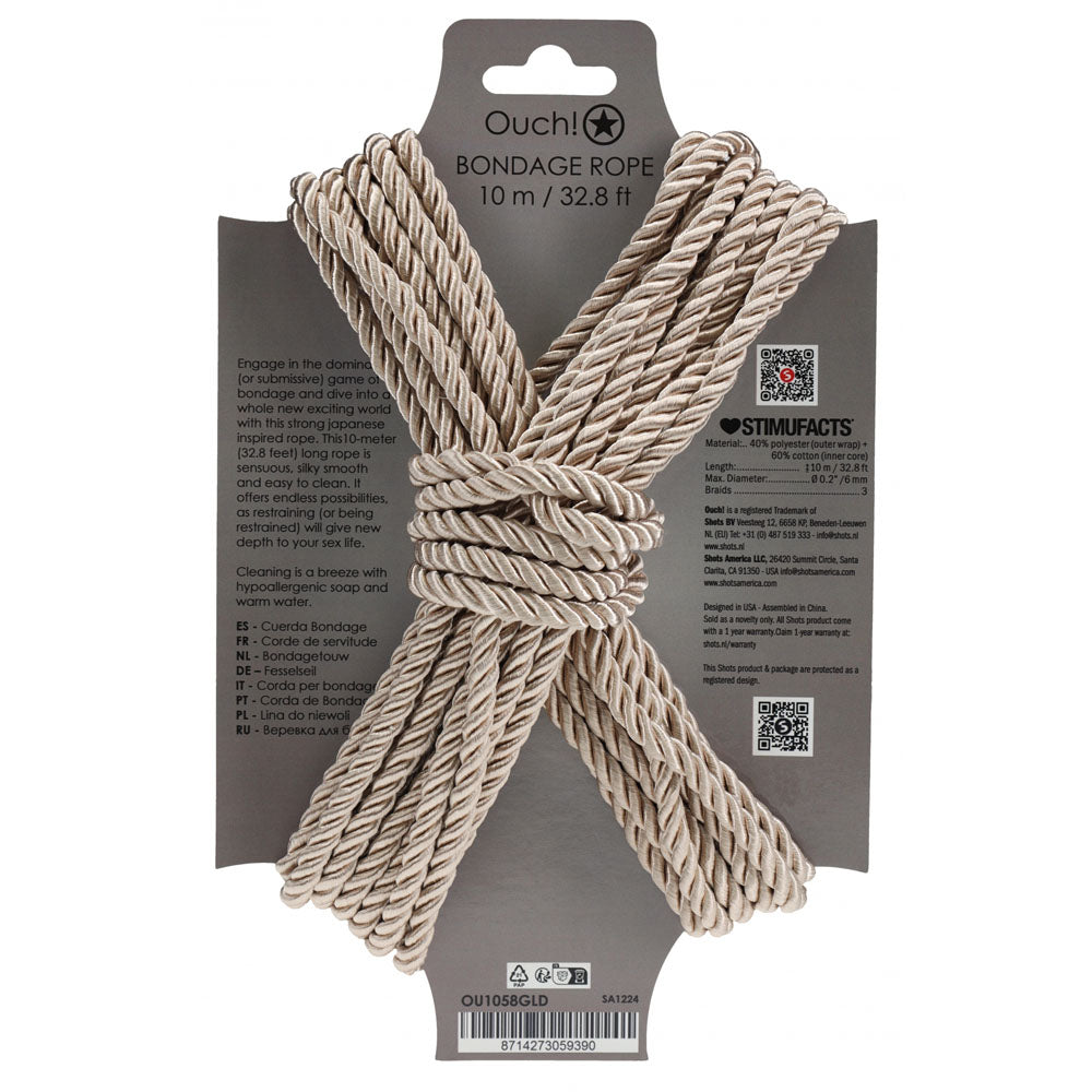 OUCH! Bondage Rope - 10 M - Gold - Gold Nylon Bondage Rope - 10 metre Length displayed on packaging.