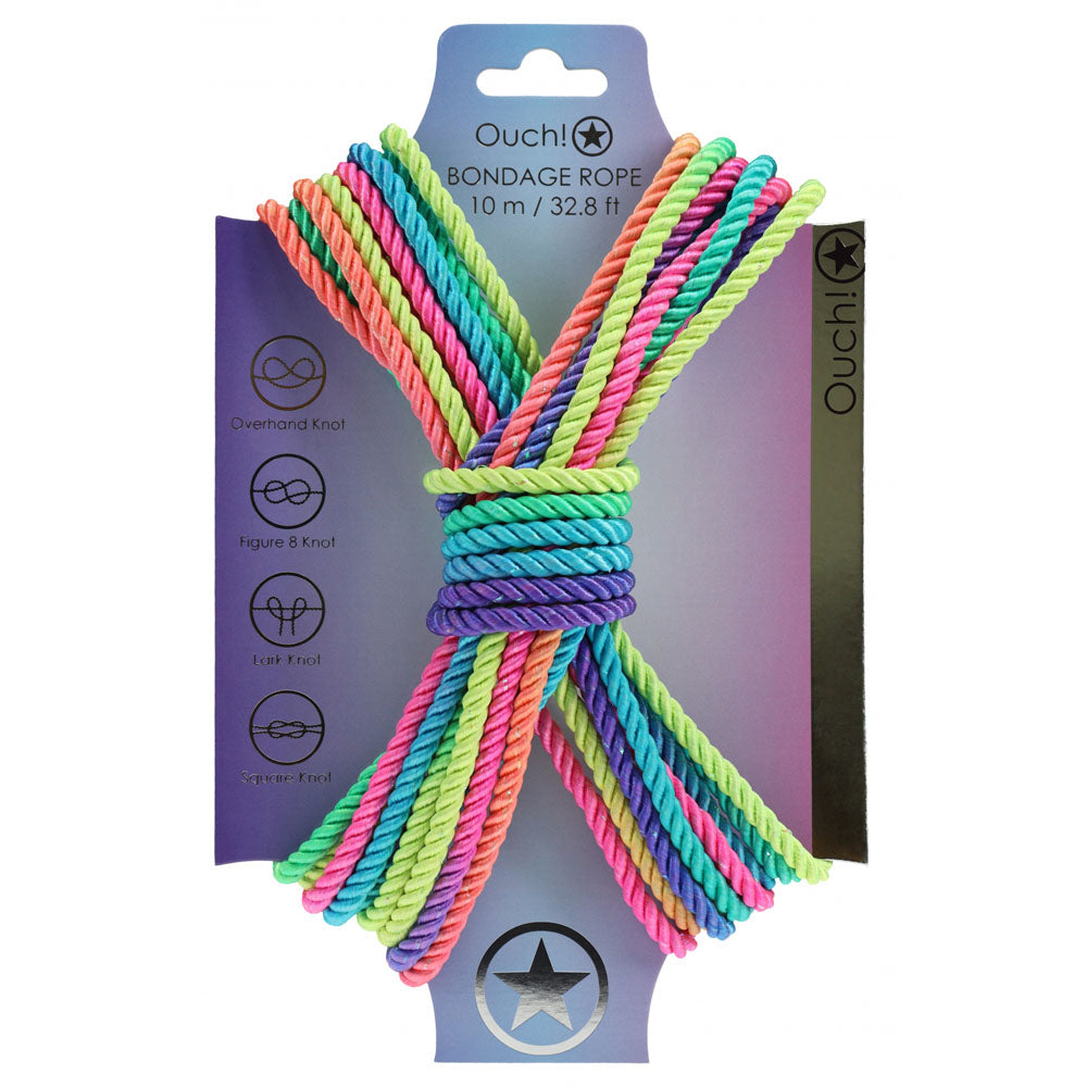 OUCH! Bondage Rope - 10 M - Multicolour 2 - Multicoloured Nylon Bondage Rope - 10 metre Length on display.