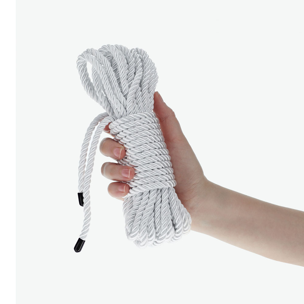 OUCH! Bondage Rope - 10 M - Silver - Silver Nylon Bondage Rope - 10 metre Length being held in a hand.