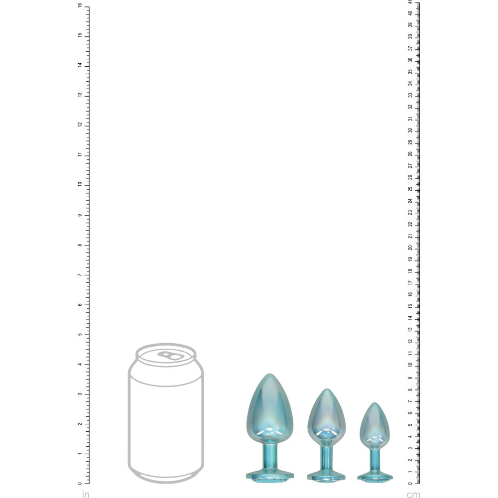 OUCH! Paris Collection - Metal Anal Plug Set -  - Metallic  Butt Plugs with Gem Bases - Set of 3 Sizes displayed next to a can for size reference.
