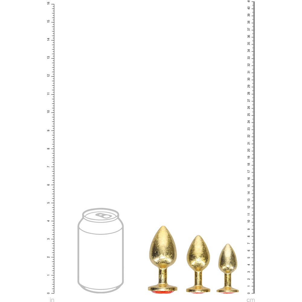 OUCH! Milan Collection - Metal Anal Plug Set - Gold - Gold Butt Plugs with Gem Bases - Set of 3 Sizes with a can for scale.