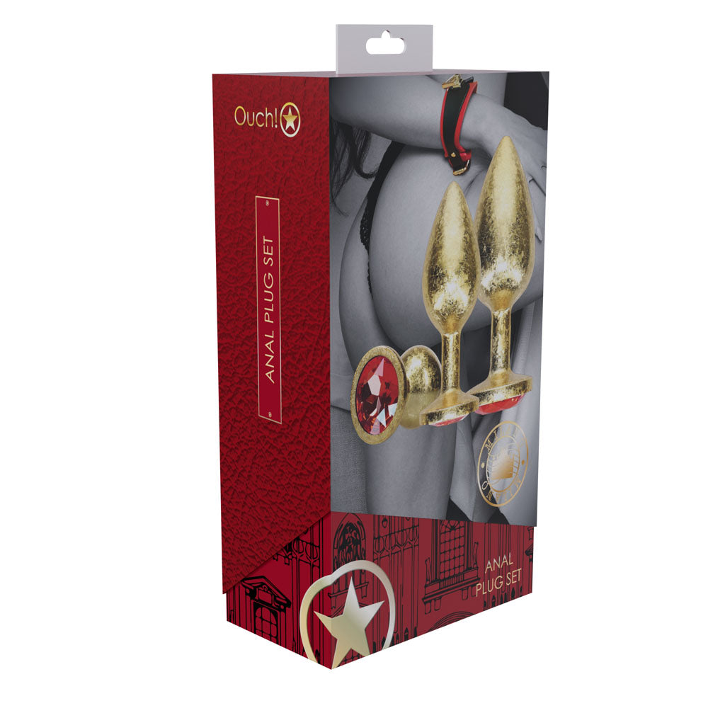 OUCH! Milan Collection - Metal Anal Plug Set - Gold - Gold Butt Plugs with Gem Bases - Set of 3 Sizes packaging display.