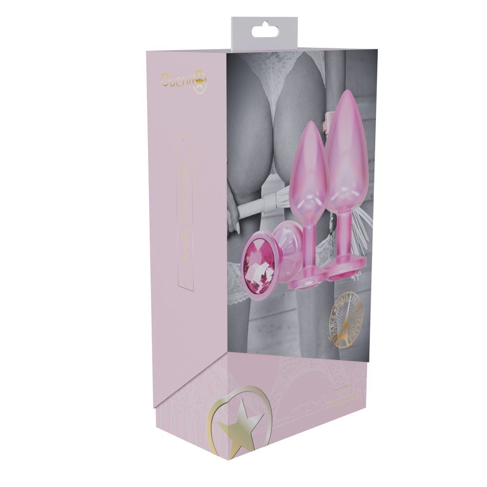 OUCH! Paris Collection - Metal Anal Plug Set -  - Metallic  Butt Plugs with Gem Bases - Set of 3 Sizes packaging display