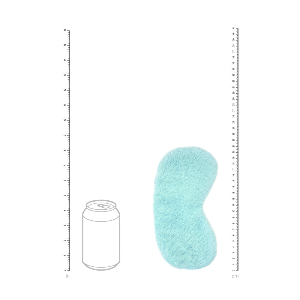 OUCH! Fluffy Mask - Powder Blue - Powder Blue Fluffy Eye Mask next to a standard can for size reference.