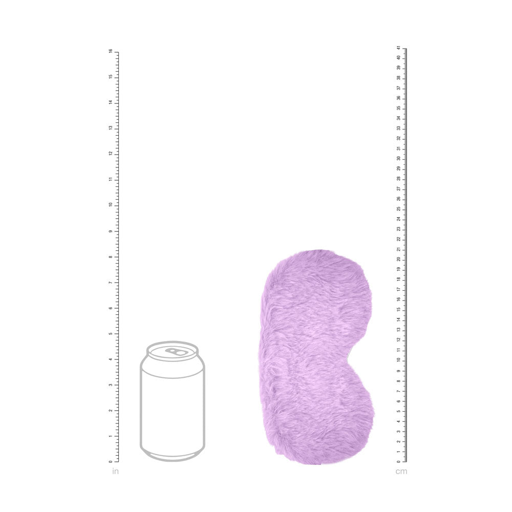OUCH! Fluffy Mask -  -  Fluffy Eye Mask in soft purple, alongside a can for size comparison.