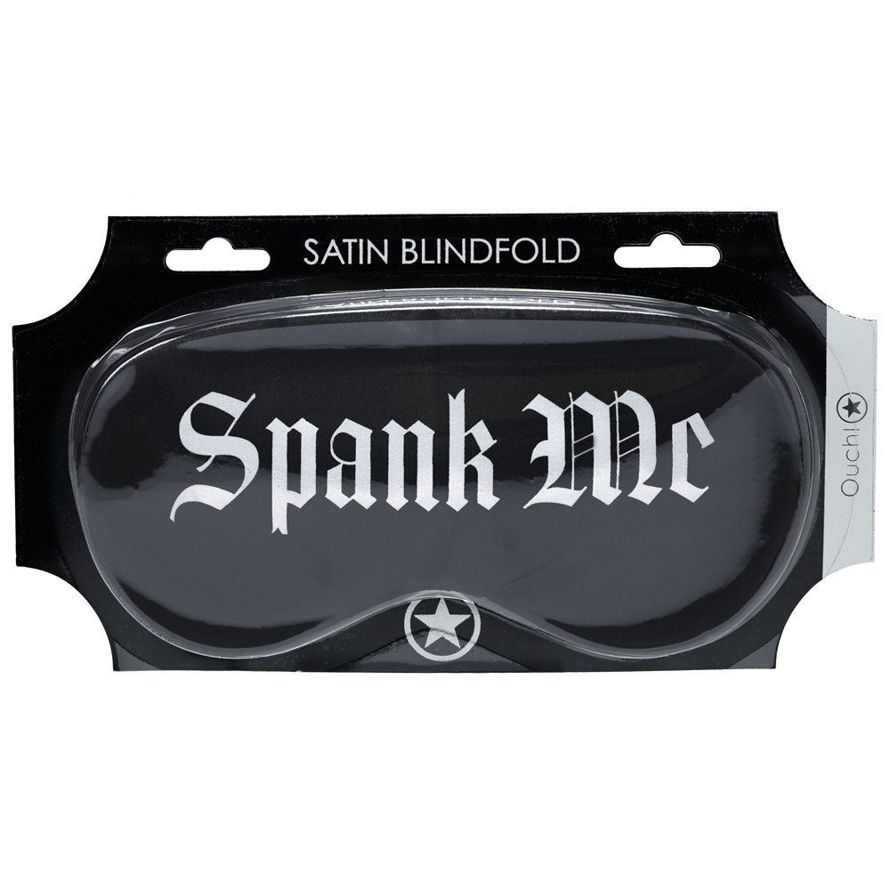 OUCH! Satin Mask - Spank Me -  Printed Eye Mask in packaging highlighting its playful design.