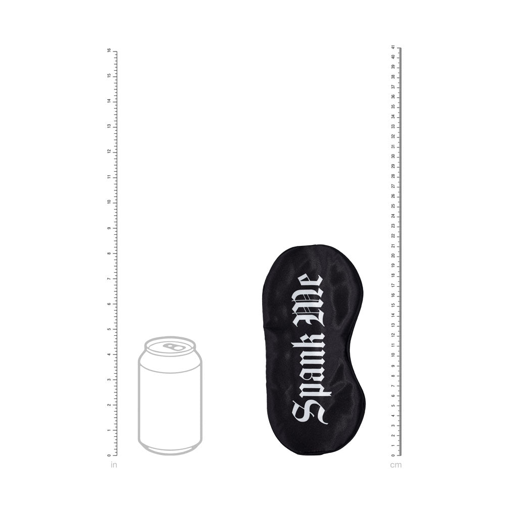 OUCH! Satin Mask - Spank Me -  Printed Eye Mask next to a can for size reference on a white background.