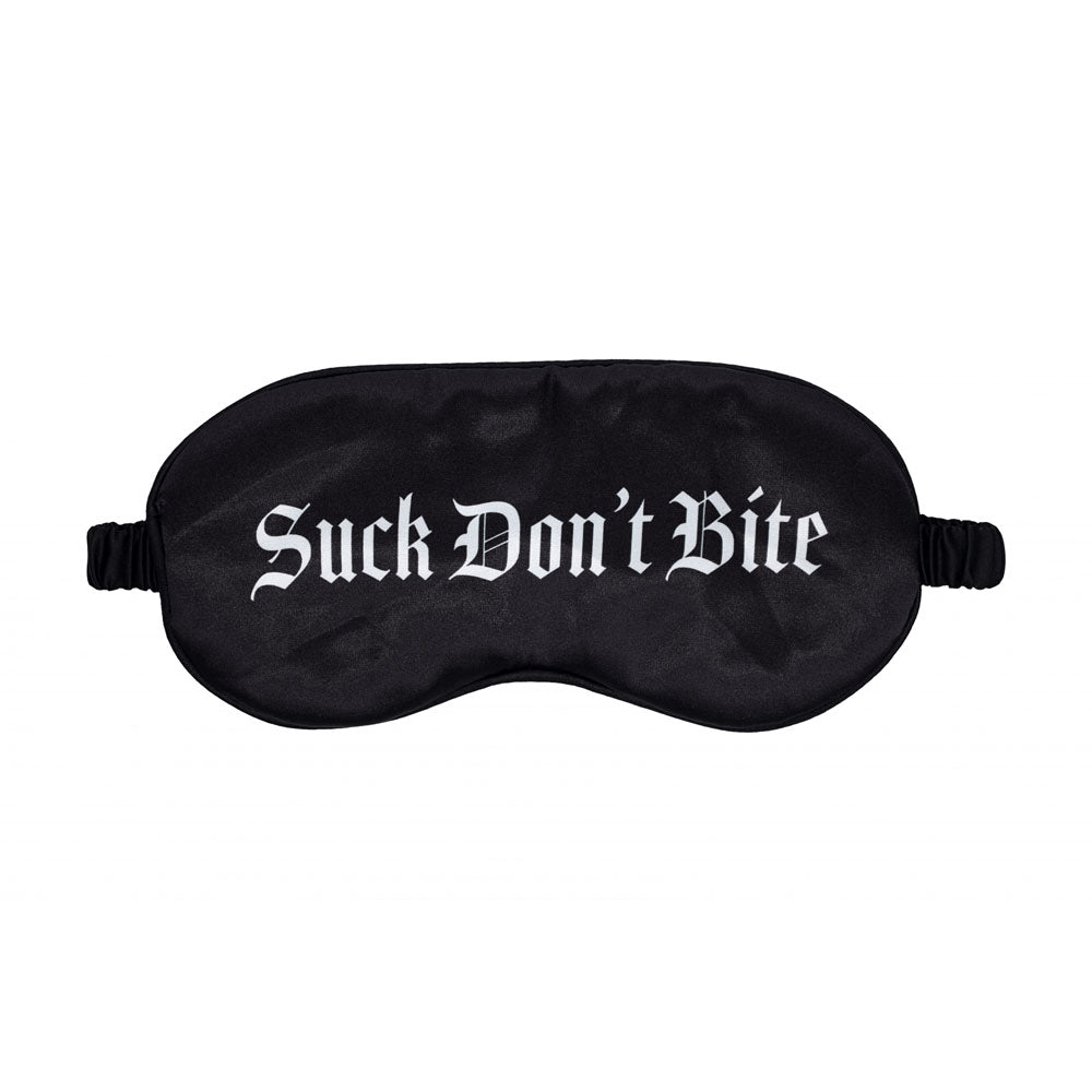 OUCH! Satin Mask - Suck Don't Bite -  Printed Eye Mask on a black background with comfortable elastic band.