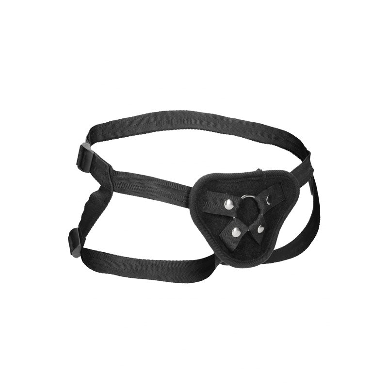 Adjustable strap-on harness with O-ring designed for comfort and compatibility with various dongs.