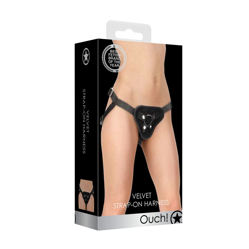 OUCH! Velvet & Velcro Adjustable Harness with O-Ring - adjustable strap-on harness with O-ring packaging.