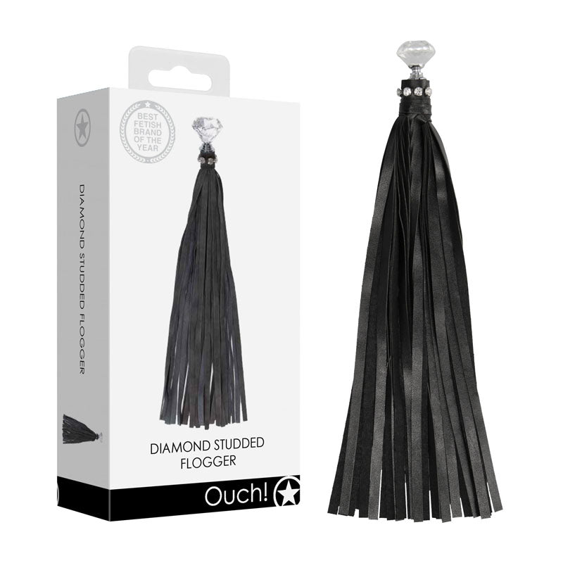 OUCH! Diamond Studded Whip - Whip with black leather straps and diamond detail for BDSM play.